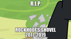 Size: 888x499 | Tagged: safe, edit, edited screencap, screencap, character:lord tirek, character:rockhoof, episode:the ending of the end, g4, my little pony: friendship is magic, broken, caption, image macro, imgflip, rest in peace, rockhoof's shovel, shattered, shovel, text