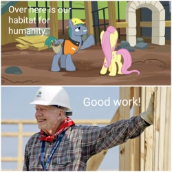 Size: 2896x2896 | Tagged: safe, edit, edited screencap, screencap, character:fluttershy, character:hard hat, species:earth pony, species:human, species:pegasus, species:pony, episode:fluttershy leans in, g4, my little pony: friendship is magic, barely pony related, construction, habitat for humanity, irl, irl human, jimmy carter, meme, obligatory pony, photo