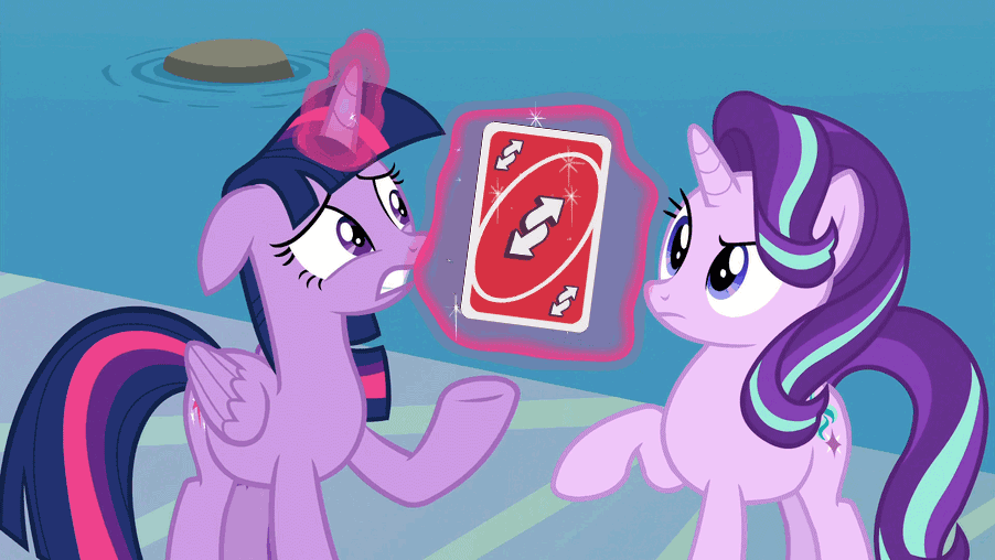 Size: 902x508 | Tagged: safe, edit, edited screencap, screencap, character:starlight glimmer, character:twilight sparkle, character:twilight sparkle (alicorn), species:alicorn, species:pony, species:unicorn, episode:school daze, g4, my little pony: friendship is magic, season 8, spoiler:s08, animated, female, frown, gif, glowing horn, horn, levitation, magic, mare, meme, no u, open mouth, punch, raised eyebrow, raised hoof, reverse card, slap, smack, spread wings, telekinesis, uno reverse card, wings