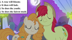 Size: 1280x720 | Tagged: safe, edit, edited screencap, screencap, character:bright mac, character:pear butter, species:earth pony, species:pony, ship:brightbutter, episode:the perfect pear, g4, my little pony: friendship is magic, clothing, cowboy hat, eyes closed, female, full moon, hat, henry mancini, inset, lyrics, male, mare, mare in the moon, marriage, moon, romeo and juliet, romeo and juliet (zeffirelli), shipping, song reference, straight, text, wedding, what is a youth