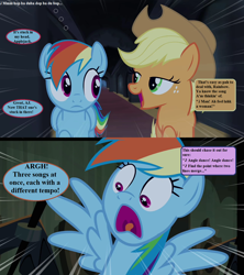Size: 1280x1440 | Tagged: safe, edit, edited screencap, screencap, character:applejack, character:rainbow dash, episode:castle mane-ia, g4, my little pony: friendship is magic, angle dance, applejack's hat, castle of the royal pony sisters, clothing, cowboy hat, dialogue, ear worm, hall of hooves, hanson, hat, implied twilight sparkle, larry cedar, lyrics, man i feel like a woman, mmmbop, shania twain, song reference, speech bubble, square one tv, text