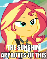 Size: 600x759 | Tagged: safe, edit, edited screencap, screencap, character:sunset shimmer, equestria girls:forgotten friendship, g4, my little pony: equestria girls, my little pony:equestria girls, approval, belly button, bikini, bikini top, blurred background, caption, cliff, clothing, cloud, cropped, cute, female, forest background, geode of empathy, image macro, jewelry, lidded eyes, magical geodes, midriff, necklace, outdoors, sarong, sexy, shimmerbetes, shoulder bag, sky, sleeveless, smiling, solo, steps, sunshim, swimsuit, text