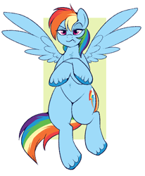 Size: 658x800 | Tagged: safe, artist:lulubell, character:rainbow dash, species:pegasus, species:pony, abstract background, annoyed, chest fluff, crossed hooves, female, mare, rainbow dash is not amused, solo, unamused, unshorn fetlocks