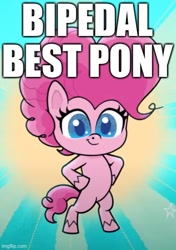 Size: 391x556 | Tagged: safe, edit, edited screencap, screencap, character:pinkie pie, species:earth pony, species:pony, my little pony:pony life, best pony, bipedal, caption, cropped, cute, female, image macro, intro, smiling, solo, sunburst background, text