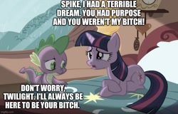 Size: 779x499 | Tagged: safe, edit, edited screencap, screencap, character:spike, character:twilight sparkle, character:twilight sparkle (unicorn), species:dragon, species:pony, species:unicorn, episode:magical mystery cure, g4, my little pony: friendship is magic, abuse, bed, caption, comforting, crying, female, frown, funny, golden oaks library, image macro, male, mare, op is a duck, op was successful at being funny, spikeabuse, spikeposting, teary eyes, text, vulgar