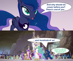Size: 3000x2513 | Tagged: safe, edit, edited screencap, screencap, character:applejack, character:dawn sunrays, character:fluttershy, character:pinkie pie, character:princess cadance, character:princess celestia, character:princess luna, character:rainbow dash, character:rarity, character:spike, character:twilight sparkle, character:twilight sparkle (alicorn), species:alicorn, species:earth pony, species:pegasus, species:pony, species:unicorn, my little pony: the movie (2017), alicorn tetrarchy, angry, background pony, canterlot, comic, cornsilk, crowd, crown, determined, dialogue, ethereal mane, female, jewelry, mane seven, mane six, mare, mountain, regalia, scared, screencap comic, serious, speech bubble, tent, toadstool blossom, unnamed character, unnamed pony, vulgar, waterfall