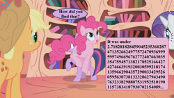 Size: 1280x720 | Tagged: safe, edit, edited screencap, screencap, character:applejack, character:pinkie pie, character:rarity, character:twilight sparkle, episode:friendship is magic, g4, my little pony: friendship is magic, applejack's hat, book, clothing, cowboy hat, cute, dialogue, diapinkes, e (number), golden oaks library, hat, math joke, pun, speech bubble