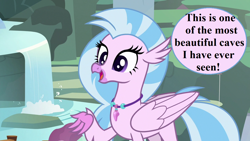 Size: 1280x720 | Tagged: safe, edit, edited screencap, screencap, character:silverstream, episode:student counsel, cute, dialogue, diastreamies, jewelry, maud's cave, necklace, speech, speech bubble, talking, waterfall