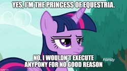 Size: 888x499 | Tagged: safe, edit, edited screencap, screencap, character:twilight sparkle, character:twilight sparkle (alicorn), species:alicorn, species:pony, episode:non-compete clause, g4, my little pony: friendship is magic, caption, female, frown, image macro, implied execution, implied tyrant sparkle, mare, meme, solo, text, twilight is not amused, unamused