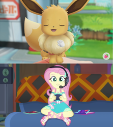 Size: 1001x1126 | Tagged: safe, edit, edited screencap, screencap, character:fluttershy, episode:game stream, g4, my little pony: equestria girls, my little pony:equestria girls, spoiler:eqg series (season 2), crossover, cute, eevee, exploitable meme, gamer fluttershy, meme, pokémon, pokémon let's go pikachu! and let's go eevee!, shyabetes