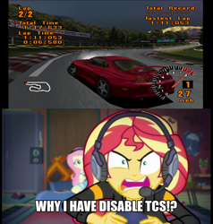 Size: 700x734 | Tagged: safe, edit, edited screencap, screencap, character:fluttershy, character:sunset shimmer, episode:game stream, g4, my little pony: equestria girls, my little pony:equestria girls, spoiler:eqg series (season 2), engrish, female, grammar error, gran turismo, gran turismo 1, shimmercode, solo, toyota, toyota supra
