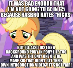 Size: 1015x941 | Tagged: safe, edit, edited screencap, screencap, character:applejack, species:earth pony, species:pony, episode:hearthbreakers, g4, my little pony: friendship is magic, my little pony:pony life, background pony applejack, caption, cropped, crying, female, image macro, sad, solo, text