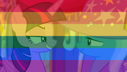 Size: 612x347 | Tagged: safe, edit, edited screencap, screencap, character:trixie, character:twilight sparkle, character:twilight sparkle (alicorn), species:alicorn, species:pony, ship:twixie, episode:no second prances, g4, my little pony: friendship is magic, facebook, female, gay pride flag, lesbian, lgbt, pride, pride flag, shipping