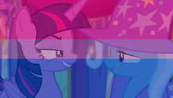 Size: 612x347 | Tagged: safe, edit, edited screencap, screencap, character:trixie, character:twilight sparkle, character:twilight sparkle (alicorn), species:alicorn, species:pony, ship:twixie, episode:no second prances, g4, my little pony: friendship is magic, bilight sparkle, bisexual pride flag, female, implied bisexual, lesbian, pride, pride flag, shipping
