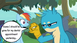 Size: 1920x1080 | Tagged: safe, edit, edited screencap, screencap, character:gallus, character:rainbow dash, species:griffon, species:pegasus, species:pony, episode:non-compete clause, g4, my little pony: friendship is magic, angry, annoyed, beak, beakless, cartoon physics, claws, dialogue, got your nose, lip bite, modular, no mouth, speech bubble, squint, squinted eyes, wings
