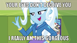Size: 640x360 | Tagged: safe, edit, edited screencap, screencap, character:trixie, equestria girls:forgotten friendship, g4, my little pony: equestria girls, my little pony:equestria girls, caption, clothing, cute, diatrixes, ego, hoodie, image macro, lockers, meme, narcissism, open mouth, poster, text, trixie yells at everything