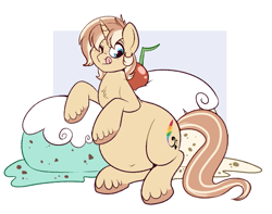 Size: 1039x819 | Tagged: safe, artist:lulubell, oc, oc only, oc:lulubell, species:pony, species:unicorn, ;p, belly, belly button, big belly, chubby, commission, cute, female, food, freckles, ice cream, mare, one eye closed, tongue out, ych result