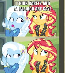 Size: 640x720 | Tagged: safe, edit, edited screencap, screencap, character:sunset shimmer, character:trixie, equestria girls:forgotten friendship, g4, my little pony: equestria girls, my little pony:equestria girls, caption, comic, image macro, implied applejack, implied lesbian, implied rarijack, implied rarity, implied shipping, meme, no shit sherlock, screencap comic, smiling, smirk, text, trixie yells at everything