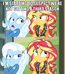 Size: 640x720 | Tagged: safe, edit, edited screencap, screencap, character:sunset shimmer, character:trixie, equestria girls:forgotten friendship, g4, my little pony: equestria girls, my little pony:equestria girls, captain obvious, caption, comic, image macro, meme, meta, no shit sherlock, screencap comic, smiling, smirk, text, the end of equestria girls, trixie yells at everything