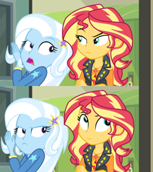 Size: 640x720 | Tagged: safe, edit, edited screencap, screencap, character:sunset shimmer, character:trixie, equestria girls:forgotten friendship, g4, my little pony: equestria girls, my little pony:equestria girls, caption, comic, image macro, meme, screencap comic, smiling, smirk, template, trixie yells at everything