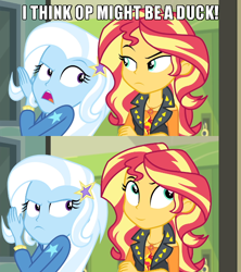 Size: 640x720 | Tagged: safe, edit, edited screencap, screencap, character:sunset shimmer, character:trixie, equestria girls:forgotten friendship, g4, my little pony: equestria girls, my little pony:equestria girls, captain obvious, caption, comic, geode of empathy, image macro, magical geodes, meme, meta, no shit sherlock, op is a duck (reaction image), reaction image, screencap comic, smiling, smirk, text, trixie yells at everything