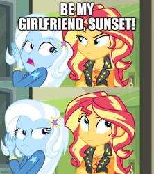 Size: 640x720 | Tagged: safe, edit, edited screencap, screencap, character:sunset shimmer, character:trixie, ship:suntrix, equestria girls:forgotten friendship, g4, my little pony: equestria girls, my little pony:equestria girls, caption, female, image macro, lesbian, meme, shipping, shipping domino, text, trixie yells at everything