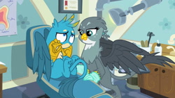 Size: 1280x720 | Tagged: safe, edit, edited screencap, screencap, character:gabby, character:gallus, species:griffon, episode:the fault in our cutie marks, g4, my little pony: friendship is magic, beak, beakless, cartoon physics, dentist, dentist chair, duo, female, got your nose, gritted teeth, i have no mouth and i must scream, male, modular, nervous, no mouth, paw pads, paws, ponytail, story included, underpaw