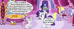 Size: 1280x512 | Tagged: safe, edit, edited screencap, screencap, character:caesar, character:lyrica lilac, character:rarity, character:royal ribbon, character:sweetie belle, episode:the cart before the ponies, g4, my little pony: friendship is magic, carousel boutique, clothing, cropped, dialogue, dress, hat, implied button mash, implied whoa nelly, monocle, saddle, speech bubble, tack, top hat
