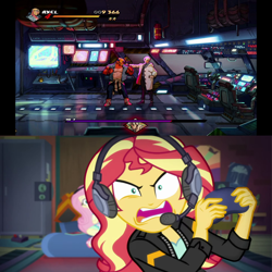 Size: 1280x1280 | Tagged: safe, edit, edited screencap, screencap, character:fluttershy, character:sunset shimmer, episode:game stream, g4, my little pony: equestria girls, my little pony:equestria girls, spoiler:eqg series (season 2), angry, axel stone, gamer sunset, meme, mr. y, streets of rage, streets of rage 4, video game