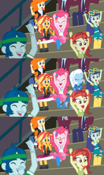 Size: 1417x2391 | Tagged: safe, edit, edited screencap, screencap, character:blueberry cake, character:captain planet, character:pinkie pie, character:sunset shimmer, character:trixie, episode:sock it to me, g4, my little pony: equestria girls, my little pony:equestria girls, spoiler:choose your own ending (season 2), spoiler:eqg series (season 2), bleachers, blueberry cake, cheering, clothespin, clothing, comparison, crystal prep academy uniform, golden hazel, holding nose, rose heart, school uniform, sock it to me: bulk biceps, sock it to me: rarity, sock it to me: trixie