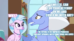 Size: 888x499 | Tagged: safe, edit, edited screencap, screencap, character:silverstream, character:sky beak, character:twilight sparkle, species:classical hippogriff, species:hippogriff, episode:a horse shoe-in, g4, my little pony: friendship is magic, caption, cute, diastreamies, father and child, father and daughter, female, image macro, implied infidelity, implied twilight sparkle, jewelry, male, necklace, shipping, straight, text, that pony sure does love burgers, twibeak, twilight burgkle