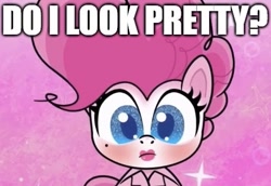 Size: 439x302 | Tagged: safe, edit, edited screencap, screencap, character:pinkie pie, species:earth pony, species:pony, episode:princess probz, g4.5, my little pony: pony life, my little pony:pony life, spoiler:pony life s01e01, caption, image macro, looking at you, makeup, pretty, question, text