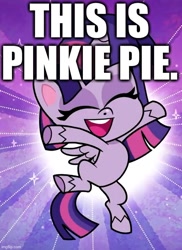 Size: 516x710 | Tagged: safe, edit, edited screencap, screencap, character:twilight sparkle, character:twilight sparkle (alicorn), species:alicorn, species:pony, episode:princess probz, g4.5, my little pony: pony life, my little pony:pony life, spoiler:pony life s01e01, caption, context is for the weak, cropped, eyes closed, female, happy, image macro, implied pinkie pie, mare, op isn't kidding, open mouth, smiling, solo, text, truth