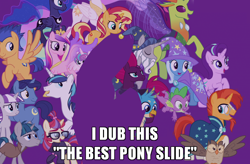 Size: 1024x671 | Tagged: safe, edit, edited screencap, screencap, character:fizzlepop berrytwist, character:flash sentry, character:gallus, character:moondancer, character:night light, character:owlowiscious, character:princess cadance, character:princess celestia, character:princess flurry heart, character:princess luna, character:shining armor, character:spike, character:star swirl the bearded, character:starlight glimmer, character:stygian, character:sunburst, character:sunset shimmer, character:tempest shadow, character:thorax, character:trixie, character:twilight velvet, species:alicorn, species:changeling, species:earth pony, species:griffon, species:pegasus, species:pony, species:reformed changeling, species:unicorn, episode:the last problem, g4, my little pony: friendship is magic, best pony, caption, female, flying, image macro, male, mare, smiling, stallion, text
