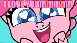 Size: 1146x638 | Tagged: safe, edit, edited screencap, screencap, character:pinkie pie, species:earth pony, species:pony, my little pony:pony life, caption, chocolate with nuts, cute, diapinkes, excessive exclamation marks, heart eyes, i love you, image macro, looking at you, love, spongebob squarepants, talking to viewer, text, treehouse logo, wingding eyes