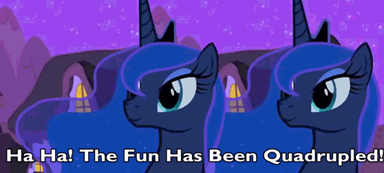 Size: 558x252 | Tagged: safe, edit, edited screencap, screencap, character:princess luna, species:alicorn, species:pony, episode:luna eclipsed, g4, my little pony: friendship is magic, animated, caption, double luna, ethereal mane, female, gif, horn, image macro, mare, meme, nightmare night, raised hoof, text, the fun has been doubled
