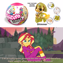 Size: 1600x1600 | Tagged: safe, edit, edited screencap, screencap, character:sunset shimmer, species:pony, species:unicorn, episode:wake up!, g4, my little pony: equestria girls, my little pony:equestria girls, spoiler:choose your own ending (season 2), spoiler:eqg series (season 2), clothing, fire pit, grass, looking at you, outdoors, pajamas, photo, sitting, slippers, smiling, smiling at you, text, toy, wake up!: applejack, zuru 5 surprise