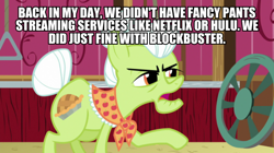 Size: 600x337 | Tagged: safe, edit, edited screencap, screencap, character:granny smith, episode:where the apple lies, g4, my little pony: friendship is magic, back in my day, caption, female, image macro, solo, text