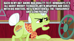Size: 600x337 | Tagged: safe, edit, edited screencap, screencap, character:granny smith, episode:where the apple lies, g4, my little pony: friendship is magic, back in my day, caption, female, image macro, solo, text