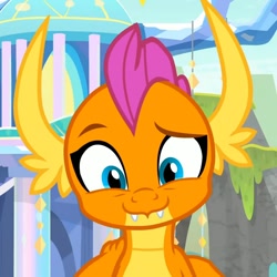 Size: 1080x1080 | Tagged: safe, edit, edited screencap, screencap, character:smolder, species:dragon, episode:uprooted, g4, my little pony: friendship is magic, cropped, cute, dragoness, fangs, female, hand on shoulder, horns, kid, looking at you, raised eyebrow, smiling, smolderbetes, solo, teenaged dragon, teenager, treehouse of harmony
