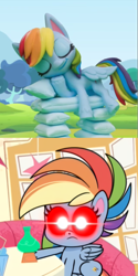 Size: 636x1272 | Tagged: safe, edit, edited screencap, screencap, character:rainbow dash, species:pegasus, species:pony, episode:the best of the worst, g4.5, my little pony: pony life, my little pony: stop motion short, my little pony:pony life, spoiler:pony life s01e02, cropped, exploitable meme, eye beams, female, glowing eyes, i sleep, mare, meme, pillow, pillow fight (short), real shit, red eyes, sleeping, solo, stop motion
