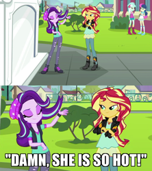 Size: 600x676 | Tagged: safe, edit, edited screencap, screencap, character:bon bon, character:lyra heartstrings, character:starlight glimmer, character:sunset shimmer, character:sweetie drops, ship:shimmerglimmer, equestria girls:mirror magic, g4, my little pony: equestria girls, my little pony:equestria girls, spoiler:eqg specials, canterlot high, caption, cropped, crossed arms, fabulous, female, hair flip, image macro, lesbian, lidded eyes, meme, sexy, shipping, smiling, smirk, solo focus, text