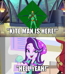 Size: 600x675 | Tagged: safe, edit, edited screencap, screencap, character:starlight glimmer, character:sunset shimmer, equestria girls:mirror magic, g4, my little pony: equestria girls, my little pony:equestria girls, spoiler:eqg specials, caption, clothing, cropped, food, harley quinn (2019), hell yeah!, ice cream, image macro, kite, kite-man, lidded eyes, text, that pony sure does love kites