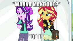 Size: 640x360 | Tagged: safe, edit, edited screencap, screencap, character:starlight glimmer, character:sunset shimmer, ship:shimmerglimmer, equestria girls:mirror magic, g4, my little pony: equestria girls, my little pony:equestria girls, spoiler:eqg specials, caption, clothing, female, image macro, kissing, lesbian, lidded eyes, making out, shipping, smiling, text, wondercolt statue
