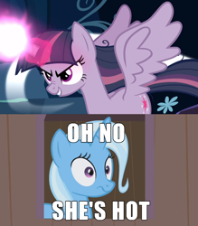 Size: 500x570 | Tagged: safe, edit, edited screencap, screencap, character:mean twilight sparkle, character:trixie, character:twilight sparkle, ship:twixie, episode:the mean 6, g4, my little pony: friendship is magic, female, lesbian, mean twixie, oh no he's hot, shipping, shipping domino, squilliam returns