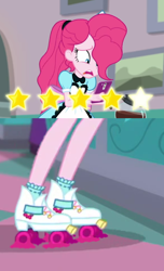 Size: 1080x1777 | Tagged: safe, edit, edited screencap, screencap, character:pinkie pie, episode:five stars, g4, my little pony: equestria girls, my little pony:equestria girls, spoiler:eqg series (season 2), cellphone, coffee, deleted scene, flat tire, phone, roller skates, server pinkie pie, smartphone, wat, what has science done