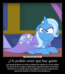 Size: 650x746 | Tagged: safe, edit, edited screencap, screencap, character:trixie, species:pony, species:unicorn, episode:a matter of principals, g4, my little pony: friendship is magic, angry, cropped, demotivational poster, female, frown, lying down, mare, meme, shrunken pupils, solo, spanish, text, translation request