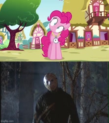 Size: 500x562 | Tagged: safe, edit, screencap, character:pinkie pie, species:earth pony, species:human, species:pony, episode:too many pinkie pies, g4, my little pony: friendship is magic, friday the 13th, head tilt, irl, jason voorhees, photo, undead, zombie