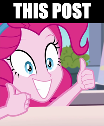 Size: 1075x1299 | Tagged: safe, edit, edited screencap, screencap, character:pinkie pie, episode:the craft of cookies, g4, my little pony: equestria girls, my little pony:equestria girls, spoiler:eqg series (season 2), caption, cropped, image macro, reaction image, text, thumbs up