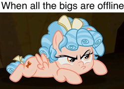 Size: 656x474 | Tagged: safe, edit, edited screencap, screencap, character:cozy glow, species:pegasus, species:pony, episode:frenemies, g4, my little pony: friendship is magic, angry, caption, cozy glow is not amused, cozybetes, cropped, cute, female, filly, image macro, implied diaper fetish, implied fetish, madorable, meme, pouting, pouty, pouty lips, prone, solo, text